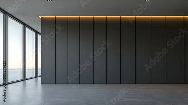 Obraz Modern empty office interior with large windows and dark gray wall.