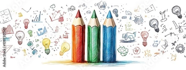 Obraz  A colorful pencil with arrows pointing up and down design symbolizes the growth of ideas in business or education. The arrows are made from different color designs, such as red for energy design, 