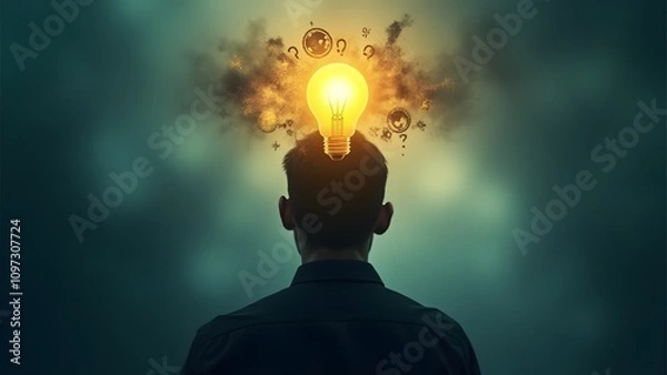 Fototapeta A silhouette with a glowing light bulb above their head, surrounded by orbiting gears and symbols. A creative representation of finding clarity and igniting inspiration.