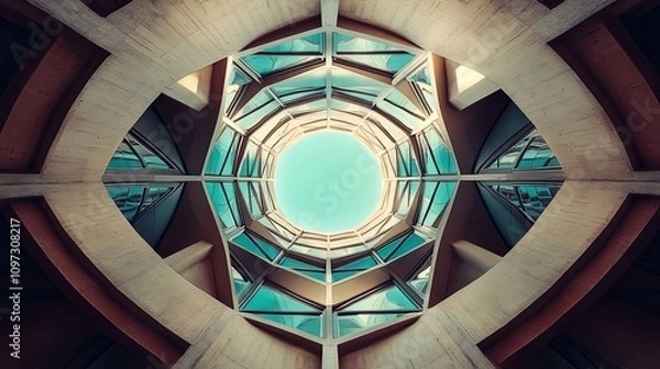 Fototapeta A striking architectural image shows a circular skylight from a unique perspective. The circular design draws the viewer's eye upward toward a bright blue sky framed by glass panels. The structure com