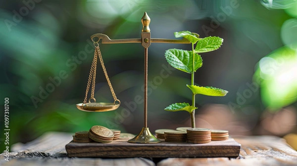 Fototapeta A minimalist image of a balance scale with coins on one side and a plant on the other, symbolizing the harmony between financial growth and environmental sustainability in modern finance
