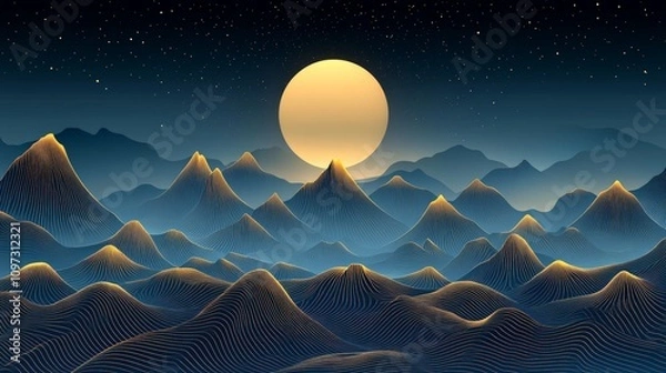 Fototapeta Vibrant mountain peaks under a glowing golden moon with radiant gradients and dramatic starlit skies, evoking an otherworldly, surreal atmosphere