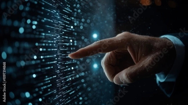 Fototapeta a businessman pointing at the screen with his finger on a black background