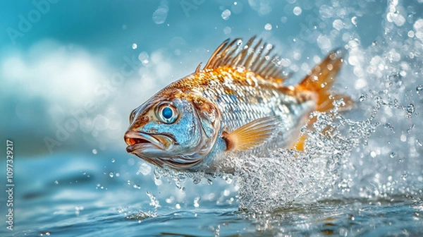 Obraz Vibrant fish leaps from the water, creating splashes in a clear blue lake