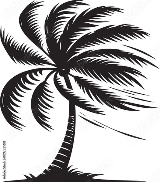 Fototapeta A palm tree with its fronds blown to one side as if by a strong wind vector silhouette