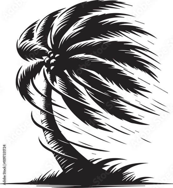 Fototapeta A palm tree with its fronds blown to one side as if by a strong wind vector silhouette