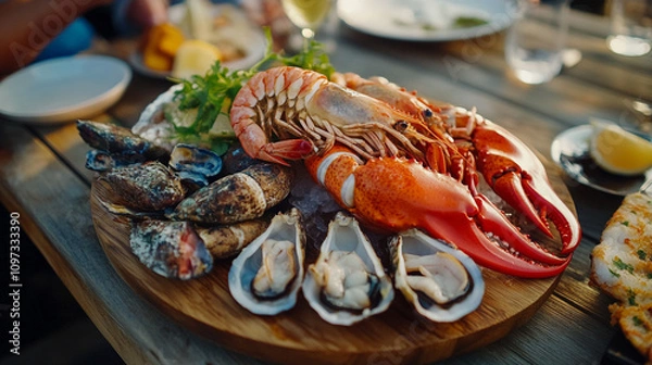 Obraz Fresh seafood platter featuring lobster and shellfish served on a wooden table