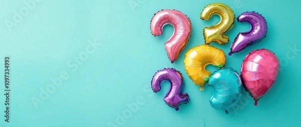 Fototapeta Colorful question mark balloons against a teal background, suggesting celebration or inquiry.