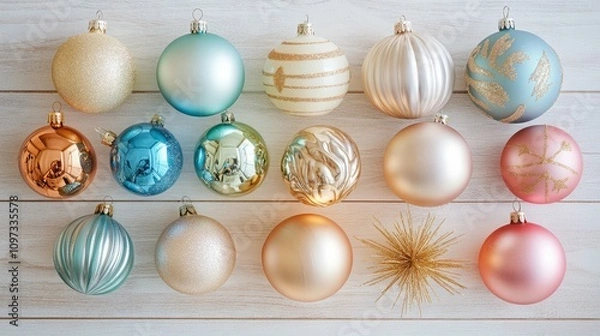 Fototapeta Pastel Christmas ornaments arranged on a white wooden surface.