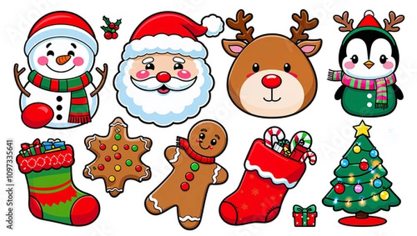 Fototapeta Cute Christmas Character Graphic Set with Snowman, Santa, Reindeer, and More PNG Transparent Background