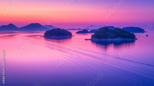 Fototapeta 瀬戸内海、朝日に染まる静かな海と島々