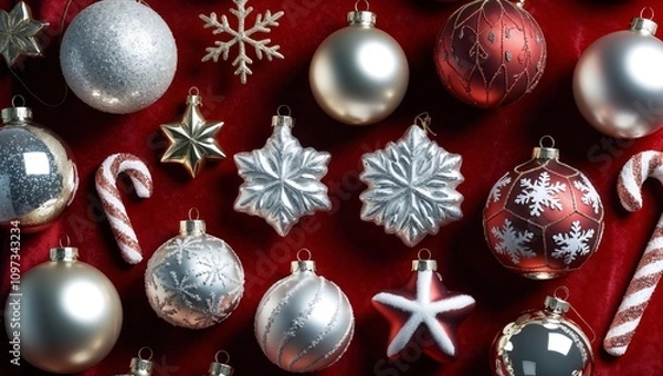 Fototapeta Festive Christmas Ornaments Collection with Glitter and Metallic Finishes