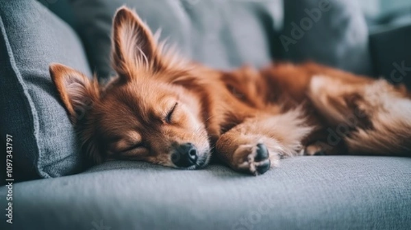 Fototapeta A sleeping dog curled up comfortably on a couch.