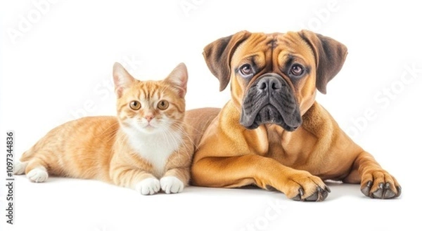 Fototapeta A friendly dog and cat lying together, showcasing companionship.