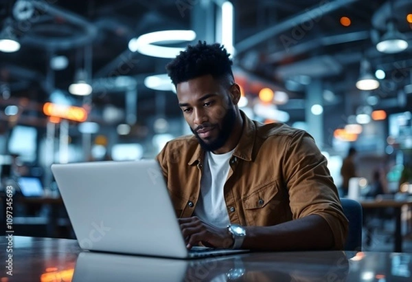 Fototapeta African american man in a cafe using laptop - remote work idea