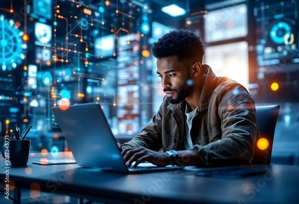 Fototapeta african american man working on a laptop - cybersecurity or it concept