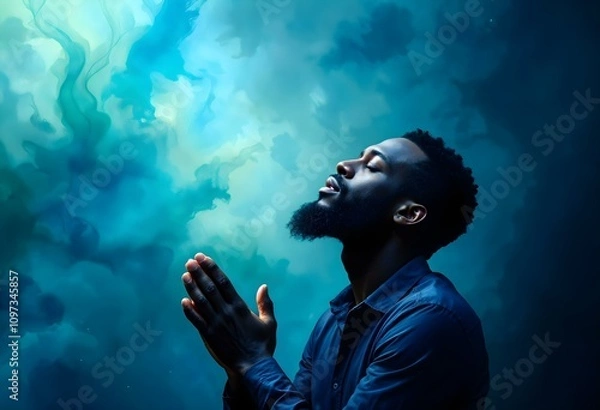 Fototapeta portrait of a graceful african american man praying on a watercolor background with copy space.