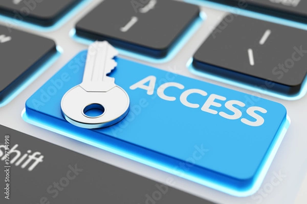 Obraz Safety data access, computer network security, user account passkey, accessibility and authorization concept, metallic key on blue keyboard button closeup view