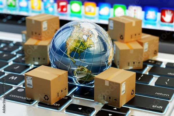 Obraz Zakupy internetowe, zakupy online, handel elektroniczny, koncepcja międzynarodowej dostawy paczek, globalny biznes transportowy, stos kartonów i kula ziemska na klawiaturze komputera