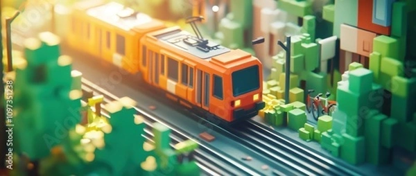 Obraz A vibrant, pixelated train travels through a lush, green landscape on a railway track.
