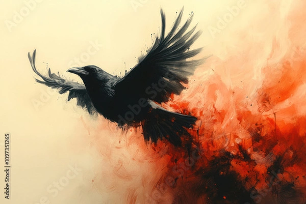 Fototapeta a black raven flying against an abstract art background done in shades of red and cream.  