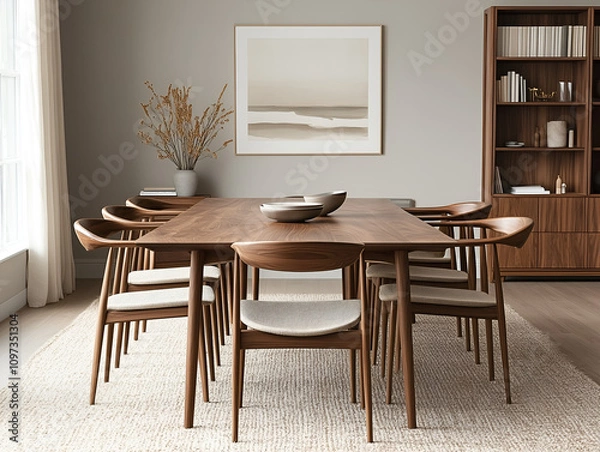 Fototapeta interior of a room with a table, walnut dining table with six chairs