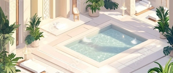 Fototapeta A serene spa environment featuring a tranquil pool surrounded by lush plants and relaxation areas.