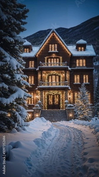 Fototapeta A beautiful mansion in the luxurious mountains of Aspen, Colorado, with a snowy view and a Christmas vibe