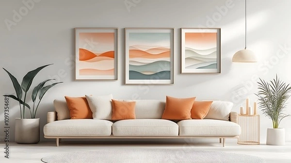 Fototapeta Stylish living room with modern art cozy home interior design minimalist decor bright ambiance