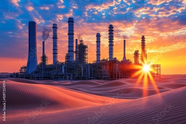 Fototapeta Petrochemical refinery with bright glowing lights at sunset in a desert environment emphasizing energy production and industrial scale