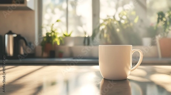 Fototapeta White Coffee Mug On Kitchen Counter In Sunlight
