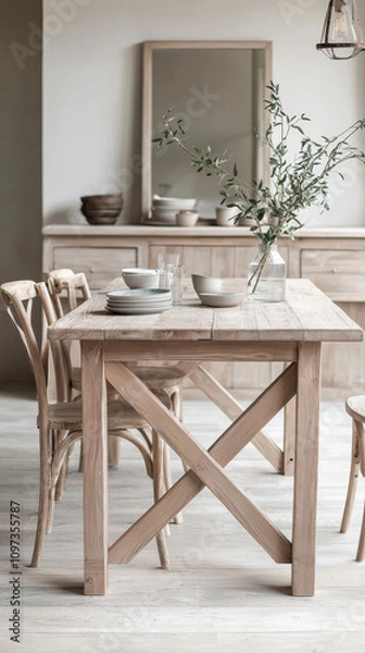 Obraz Woodwork Furniture Technique Concept. A cozy dining area featuring a rustic wooden table, minimalist decor, and a vase of greenery, creating a warm and inviting atmosphere.
