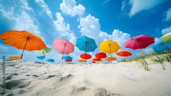 Fototapeta Colorful umbrellas on a sunny beach.