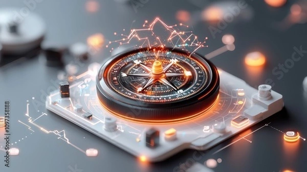 Fototapeta Futuristic Compass with Neon Elements in Dark Technology Setting