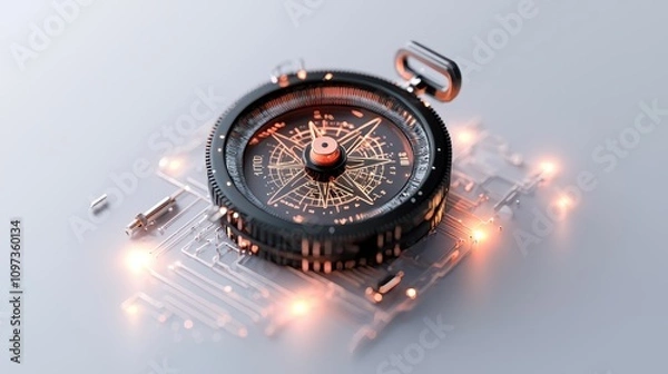 Fototapeta Modern Compass on Circuit Board with Glowing Elements and Details