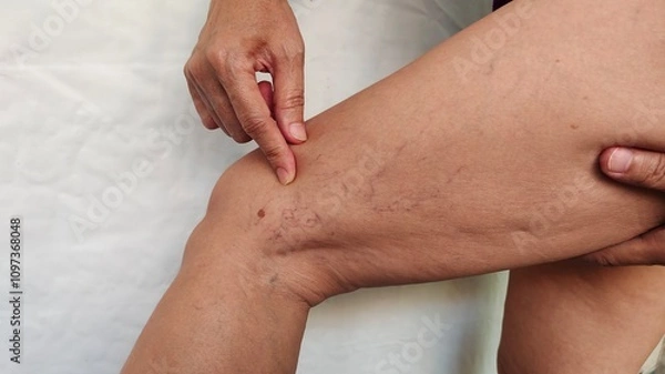 Fototapeta close up of a woman holding the flabbiness and wrinkle, problem circulation of blood, varicose veins and spider on the leg, health care and beauty concept.