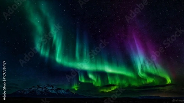 Obraz AI GENERATE,A colorful aurora borealis in the night sky, with gradients blending green, purple, and blue,bokeh
