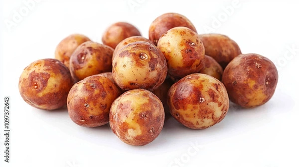 Fototapeta A pile of young potatoes isolated on a white background. The potatoes are fresh. They are casually stacked, with some overlapping each other. The lighting is soft and even, highlighting their natural 