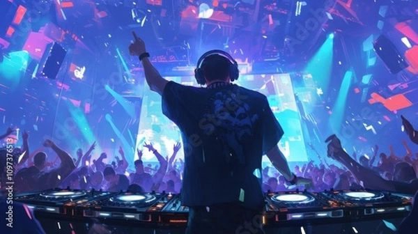 Obraz On the dance floor the DJ commanded the crowd with the pulsating lights of their mixing board drawing everyone into a trancelike state.