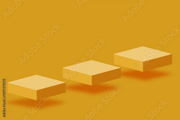 Obraz 3d yellow product display background, three cube podium floating up, empty stage mockup for presentation your platform, cosmetic, sale banner, vector illustration