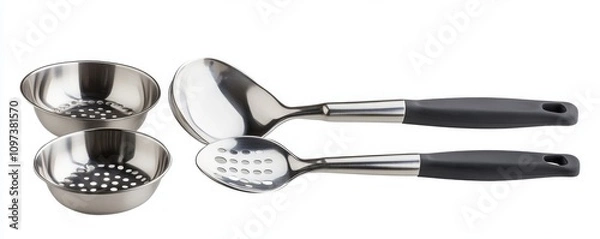 Obraz Stainless steel kitchen utensils including ladle and strainers