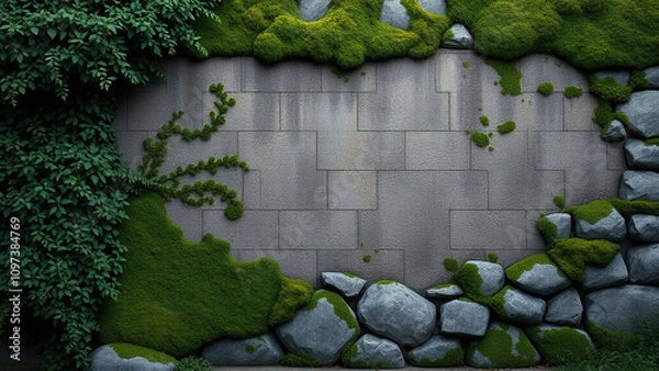 Fototapeta Stone wall with overgrown vegetation and moss, foliage growth, abandoned structure