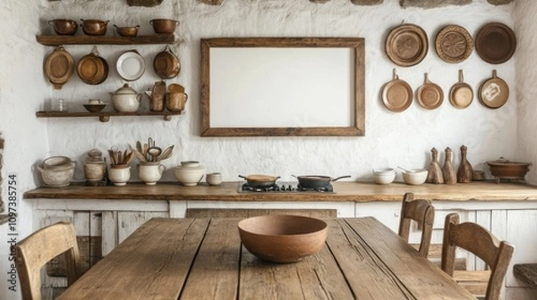 Fototapeta Rustic Kitchen With Wooden Tableware and Blank Frame