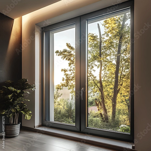 Obraz A modern room with a large, floor-to-ceiling window showcasing a serene outdoor view of trees and sunlight. A potted plant is placed beside the window, adding a touch of greenery to the interior
