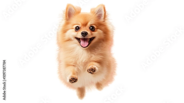 Obraz Puppy jumps in mid air, Happy Pomeranian dog jumping with excitement, showcasing its fluffy fur and playful nature. This adorable pet radiates joy and energy