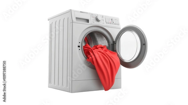 Fototapeta Laundry Whirlpool, open washing machine with red fabric spilling out, modern domestic appliance scene. Isolated on white background or PNG