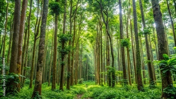 Fototapeta Lush teak forest in Luang Prabang, Laos with tall trees and dense vegetation, teak, natural, forest, Luang Prabang, Laos