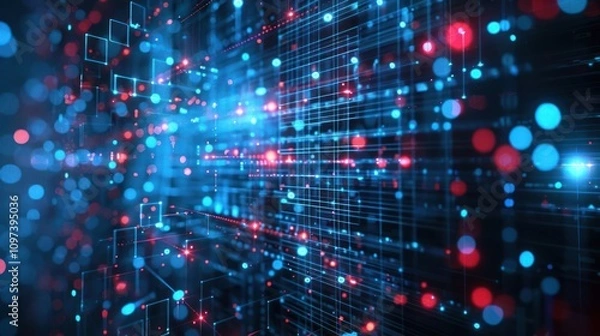 Obraz Abstract digital visualization with blue and red lights representing data flow and connectivity.