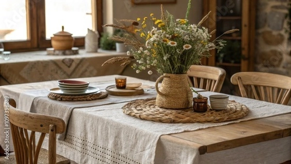 Fototapeta Textured linens and rustic centerpieces such as a simple vase filled with wildflowers adorn the dining table contributing to the inviting and comfortable nature of the space.