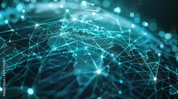 Fototapeta A digital representation of a connected world, highlighting global networks and data flow.